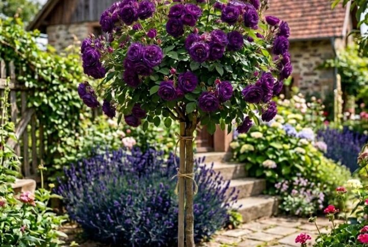 Trandafir Pomisor Mov, inflorit spectaculos, in gradina Garden Love