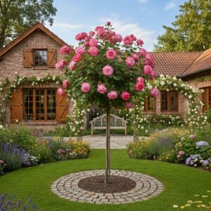 Trandafir pomisor bicolor roz din colectia garden love, inflorit intr-o gradina