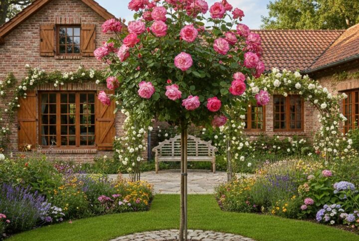 Trandafir pomisor bicolor roz din colectia garden love, inflorit intr-o gradina