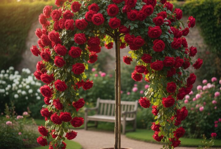 Trandafir rosu pomisor curgator, cu coroană bogată în formă de cascadă plină de flori, plantat într-un ghiveci de teracotă în mijlocul unei grădini însorite