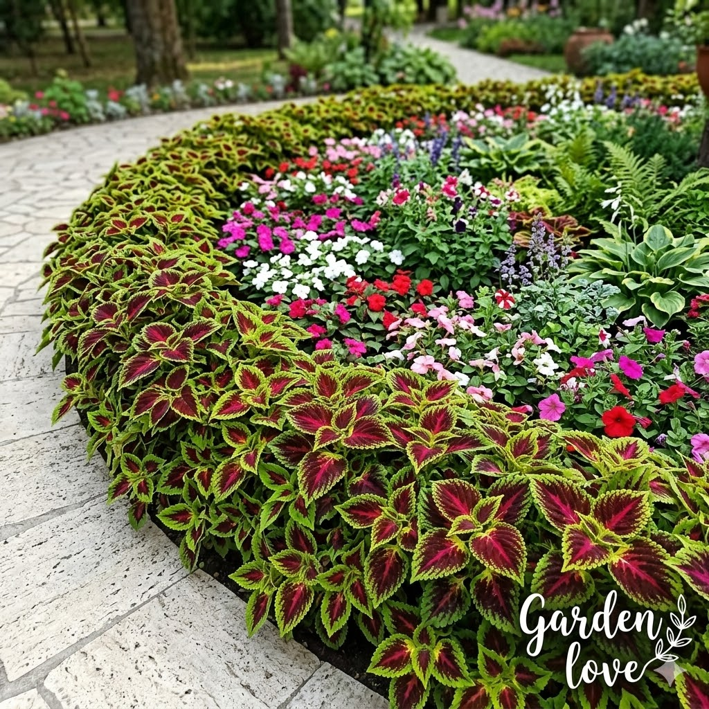 Coleus bicolor, bordura pe un rond de flori