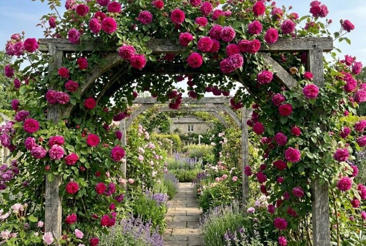 Trandafir Cyclam pe arcada in curtea unei case