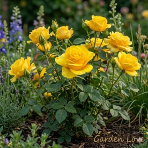 Trandafir galben kerio, inflorit in gradina. Ideal pentru ronduri sau gradina