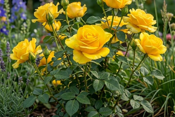 Trandafir galben kerio, inflorit in gradina. Ideal pentru ronduri sau gradina