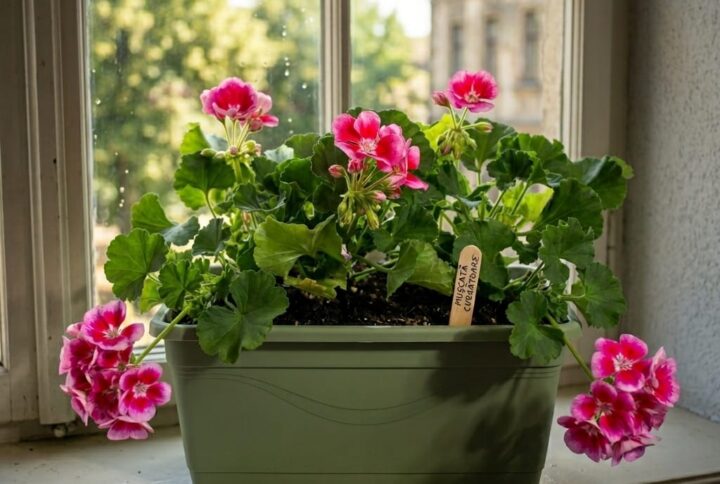 Muscate roz curgatoare, inflorite pe un pervaz