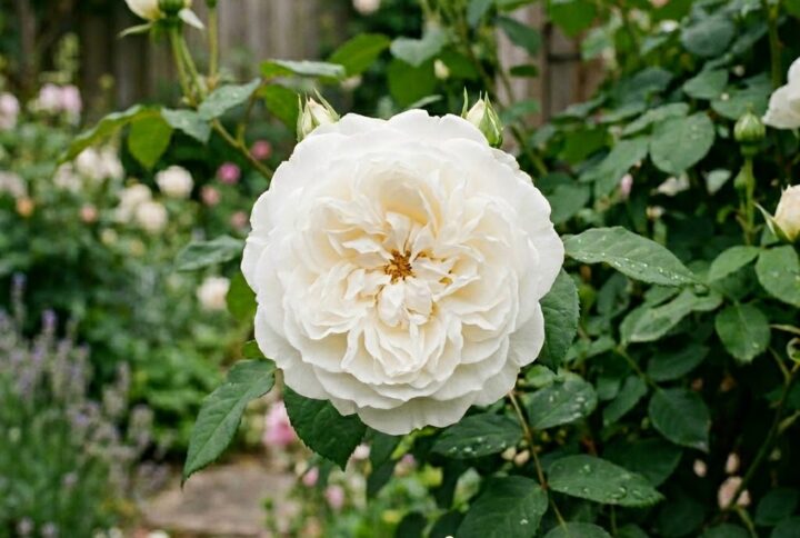 Trandafir alb David Austin, inflorit in gradina