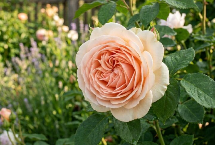 trandafir avalanche peach, inflorit in gradina. Tufa de la garden Love