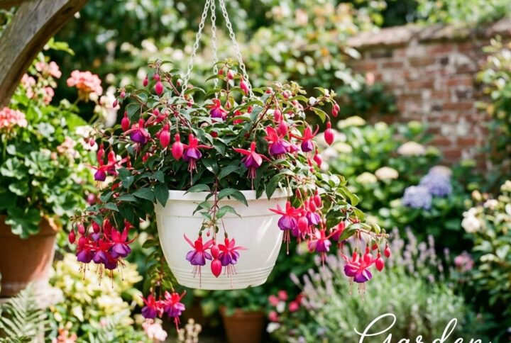 Cercelusi la ghiveci suspendat, infloriti frumos intr-o curte, pe o terasa