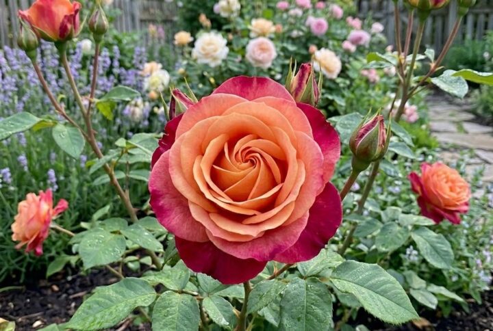 Trandafir bicolor cherry brandy, inflorit in tufa