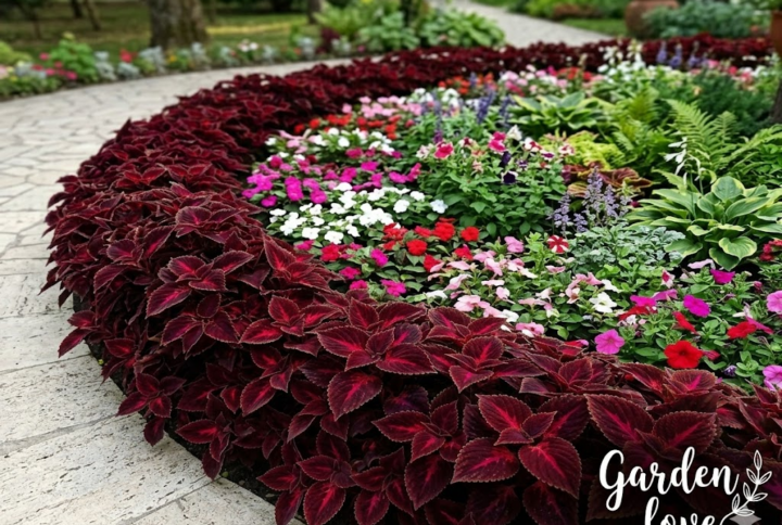 Urzicuta decorativa burgundy, asezata sub forma unui gard viu spectaculos. creaza o bordura de delimitare pentru un rond de flori