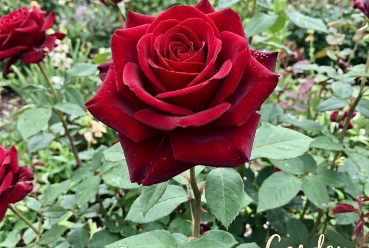 trandafir rosu explorer, rosu catifelat, inflorit in gradina Garden love