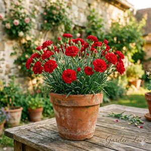 garofite rosii la ghiveci, frumos inflorite intr-un ghiveci rustic