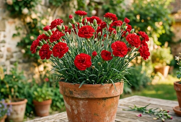 garofite rosii la ghiveci, frumos inflorite intr-un ghiveci rustic