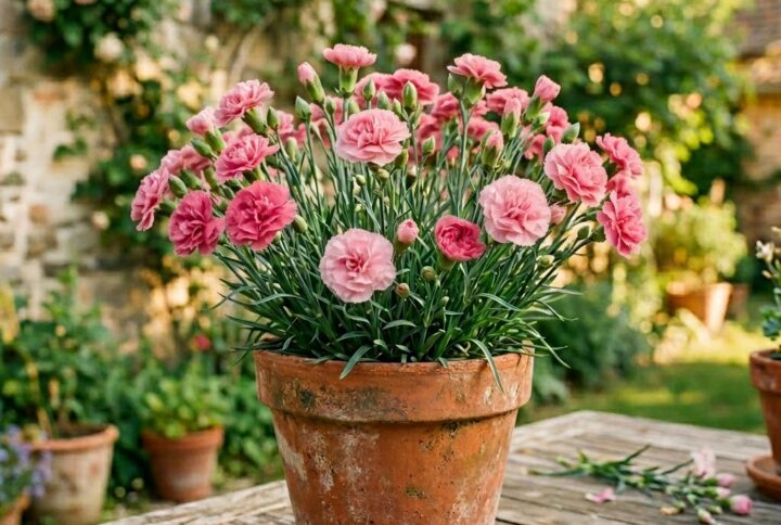 garofite roz la ghiveci , frumos inflorite intr-un ghiveci de teracota