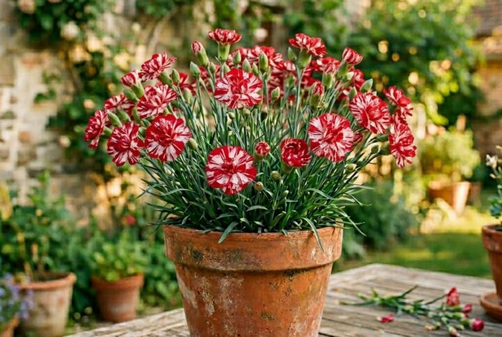 Garofite satirate la ghiveci, frumos inflorite in ghiveci pe o terasa