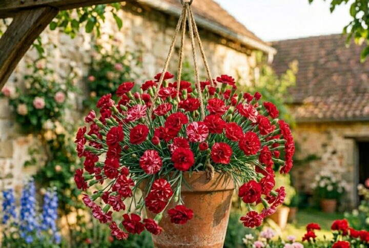 Garofite rosii suspendate, ghiveci mare cu flori rosii