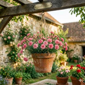 Garofite roz suspendate, inflorite in ghiveci mare suspendat in gradina Garden Love