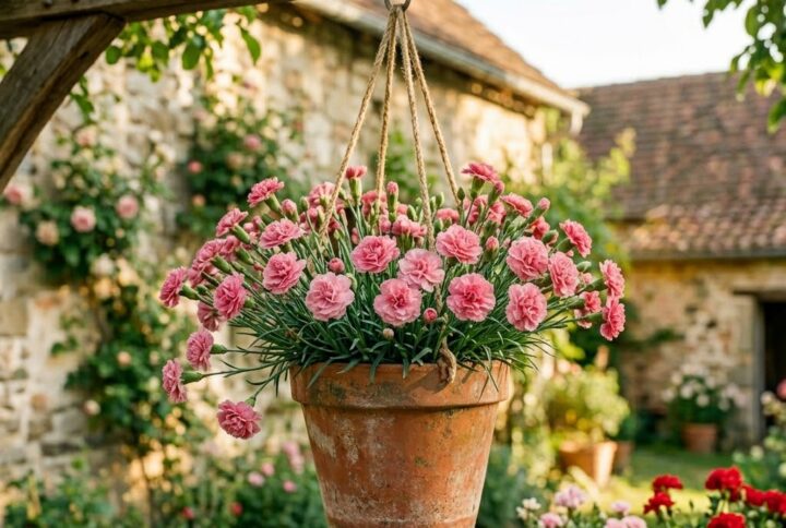 Garofite roz suspendate, inflorite in ghiveci mare suspendat in gradina Garden Love
