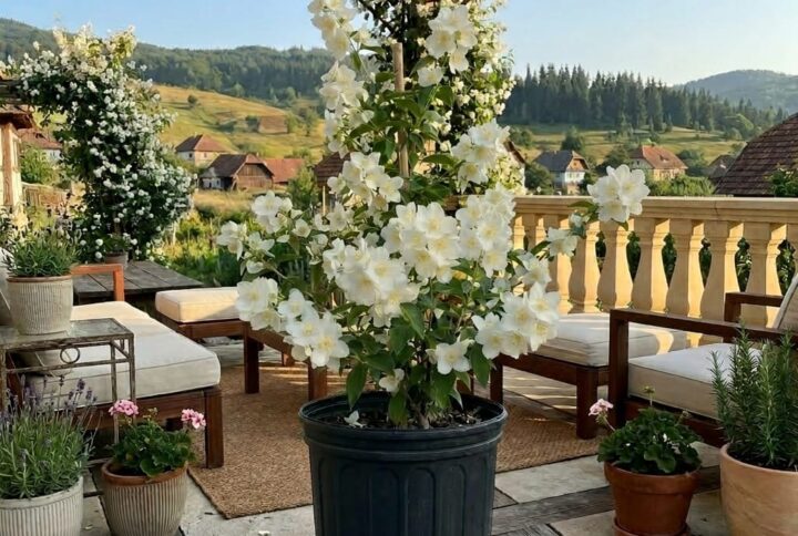 Iasomie alba parfumata, inflorita in ghiveci, pe terasa Garden Love