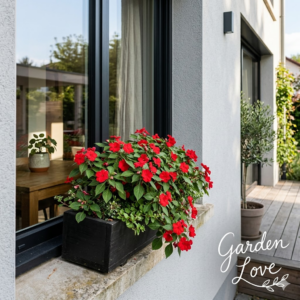 impatiens rosu in jardiniera, inflorit pe pervazul unei case moderne