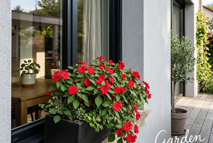 impatiens rosu in jardiniera, inflorit pe pervazul unei case moderne