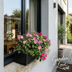 Impatiens roz, inflorita spectaculos in jardiniera, pe un pervaz al unei case moderne