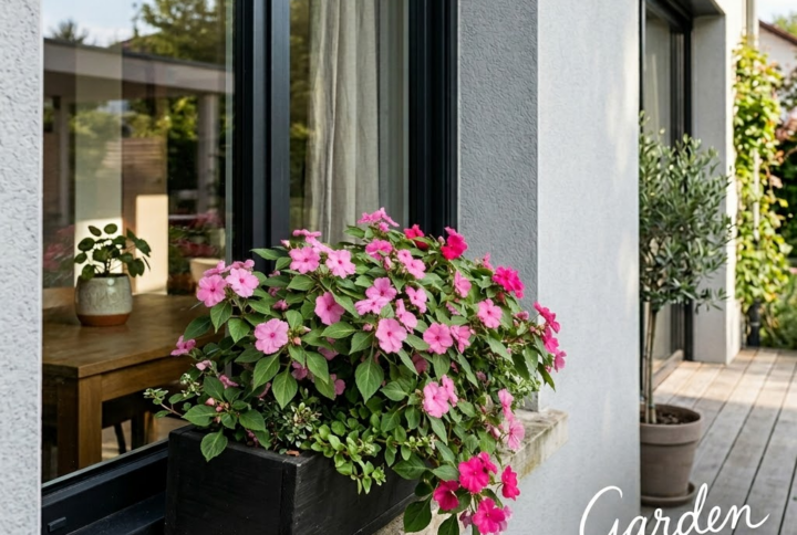 Impatiens roz, inflorita spectaculos in jardiniera, pe un pervaz al unei case moderne