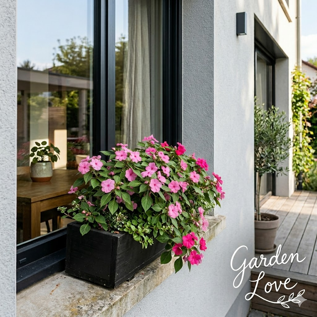 impatiens roz in jardiniera pe un pervaz