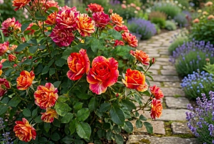 Trandafir Bicolor Maurice utrillo inflorit spectaculos pe o aleee