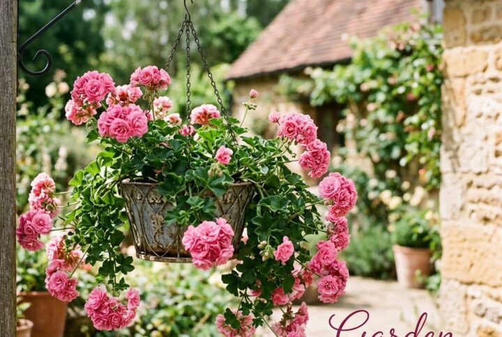 Muscata trandafir, suspendata. O floare inflorita spectaculos pe o terasa