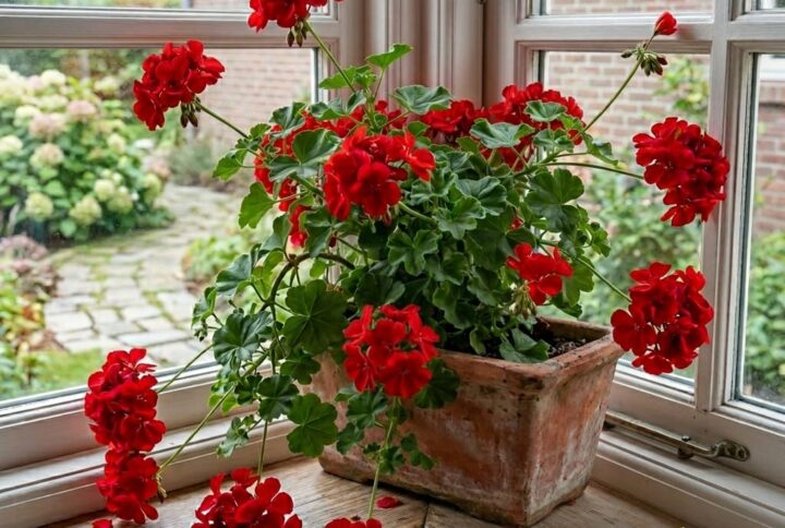 Muscate rosii curgatoare, inflorite frumos pe un pervaz