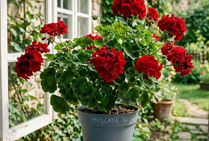 Muscate rosii la ghiveci, inflorite pe terasa