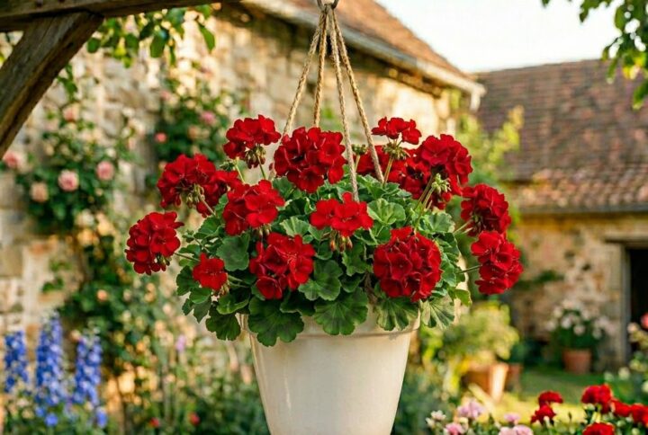 Muscate rosii suspendate, inflorite spectaculos in terasa