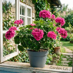 Muscate roz la ghiveci, inflorite spectaculos pe un pervaz