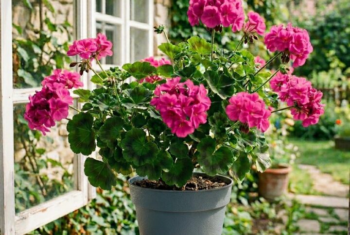 Muscate roz la ghiveci, inflorite spectaculos pe un pervaz