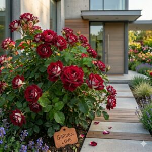 Trandafir bicolor osiria, pe o alee, la intrare intr-o casa moderna