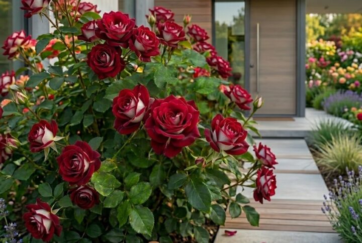 Trandafir bicolor osiria, pe o alee, la intrare intr-o casa moderna