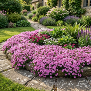 Phlox roz, planta acoperitoare de sol, pe un rond spectaculos