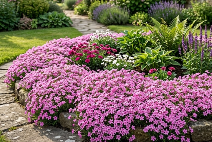 Phlox roz, planta acoperitoare de sol, pe un rond spectaculos