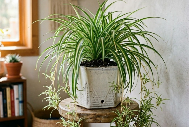 Planta paianjen, purificatoare de aer, intr-un ghiveci alb pe o masuta inalta