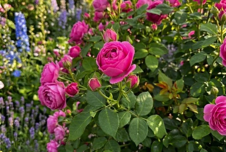 Trandafir pomponella, inflorit in gradina, alaturi de alte flori colorate
