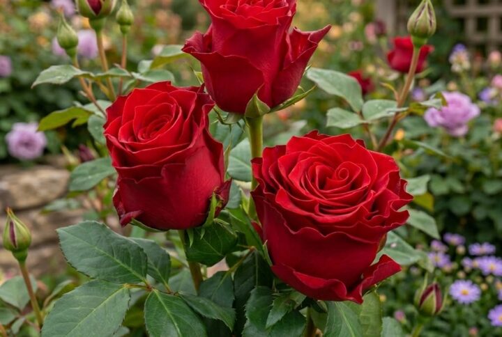 Trandafir Rosu Rhodos, inflorit spectaculos in gradina Garden Love