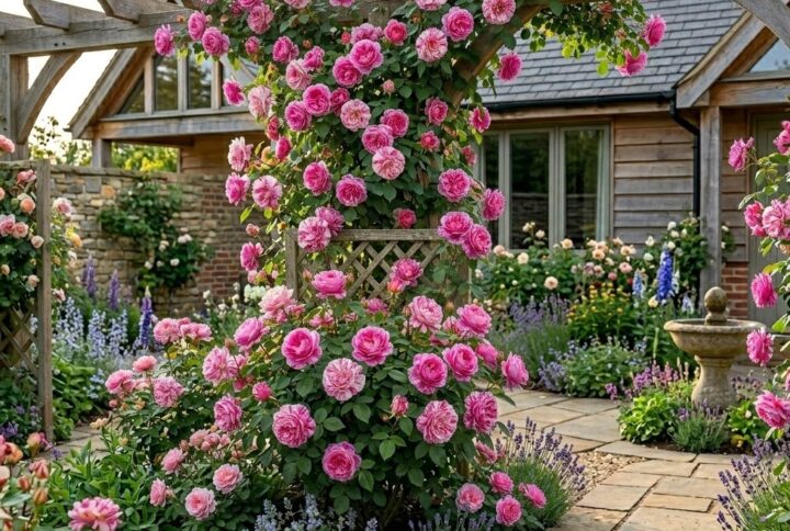 trandafir roz catarator, inflorit spectaculos intr-o gradina