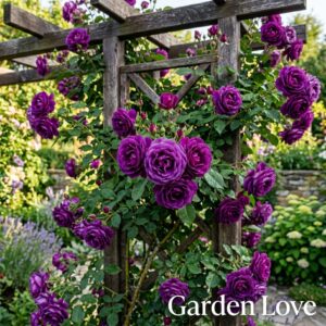 Trandafir catarator mov parfumat, inflorit spectaculos pe un spalier