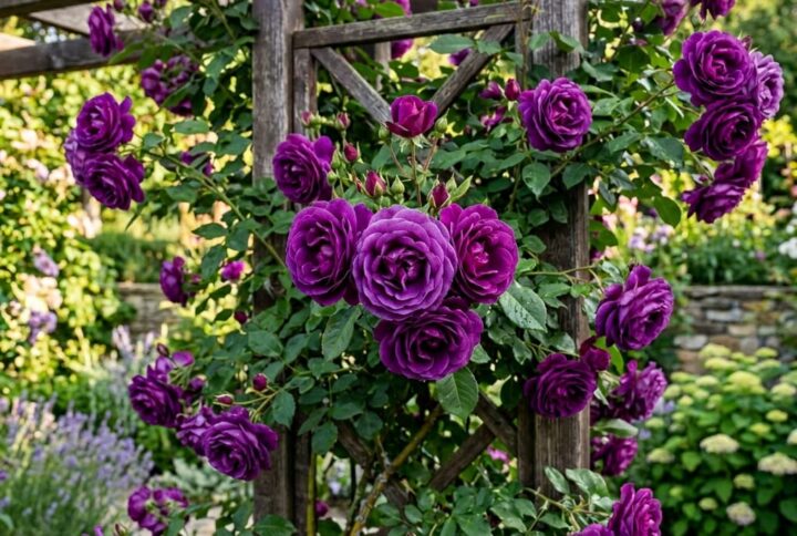 Trandafir catarator mov parfumat, inflorit spectaculos pe un spalier
