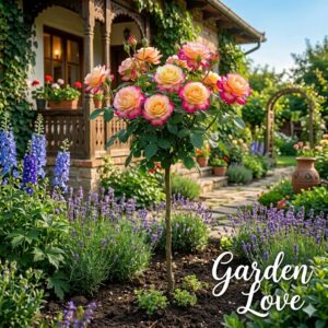 Trandafir pomisor bicolor inflorit spectaculos intr-o gradina ingrijita