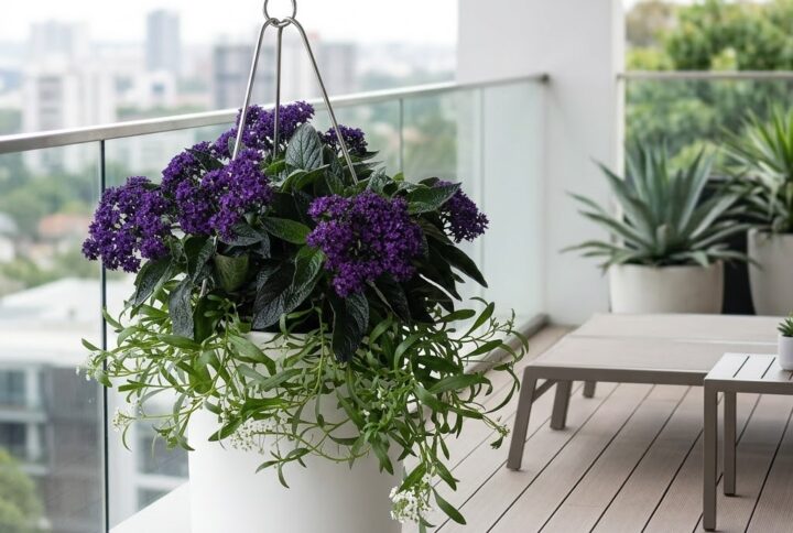 Ghiveci suspendat alb pe o terasă modernă cu Heliotrop violet parfumat Vanilia de gradina și Alyssum alb curgător.