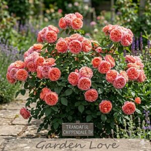 trandafir parfumat corai, tufa frumos inflorita in curtea casei