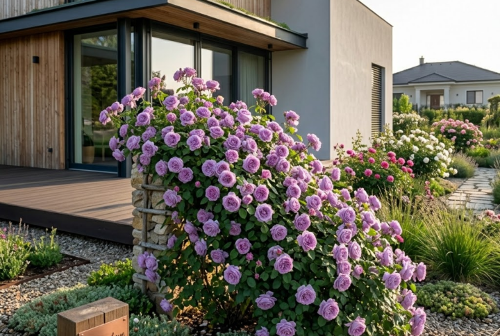 Trandafir mov Sissi, parfumat, inflorit in fata unei case moderne