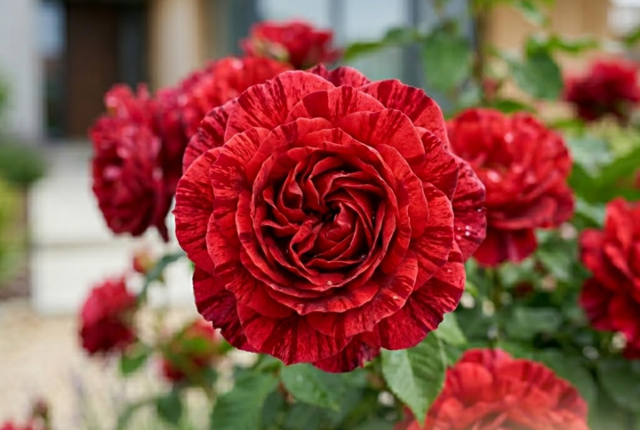 Trandafir red intuition, tufa frumos inflorita in curtea casei